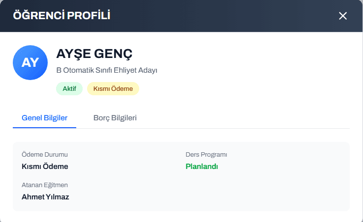 Saverion Sürücü Kursu Öğrenci Profil Yönetimi